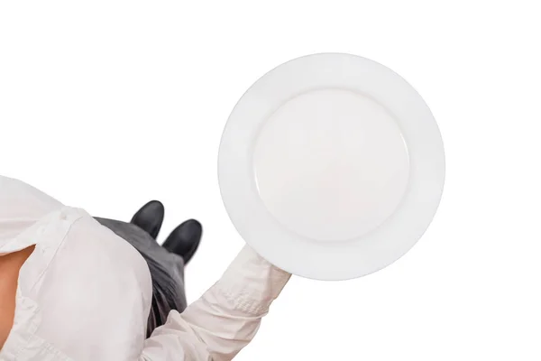 Beyaz Bluzlu Bir Garson Beyaz Arka Planda Boş Servis Tabağı — Stok fotoğraf