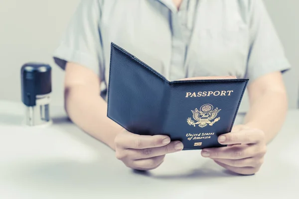 Immigration Passport Control Airport Woman Border Control Officer Puts Stamp — Stock Photo, Image