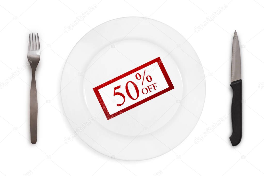 inscription 50% OFF served on empty plate. Special Offer. Sales and discount concept. Isolated