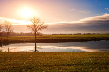 Letonya 'da gün batımında göllü alan bulutlu gökyüzü ve günbatımı arka planında
