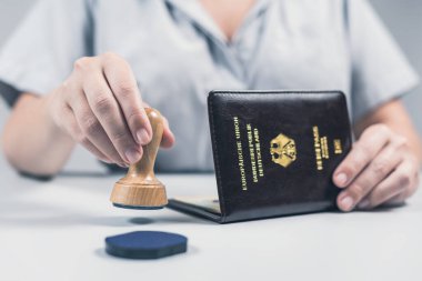 Havaalanında göçmenlik ve pasaport kontrolü. Kadın sınır kontrol memuru Alman vatandaşının Alman pasaportuna mühür basıyor. Kavram