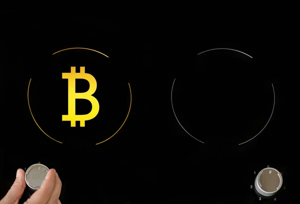 Signo Bitcoin Moneda Oro Electrónico Virtual Anillo Placa Eléctrica —  Fotos de Stock