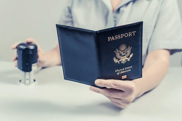 Immigration Passport Control Airport Woman Border Control Officer Puts Stamp — Stock Photo, Image