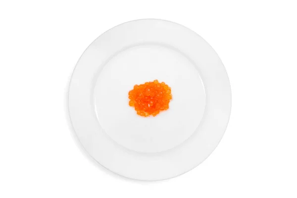 Draufsicht Auf Teller Mit Rotem Lachskaviar Auf Weißem Hintergrund Konzept — Stockfoto