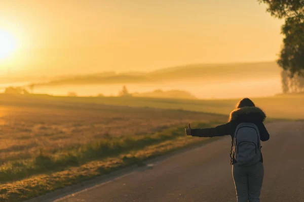 Vue Arrière Photographe Femelle Sur Fond Coucher Soleil — Photo