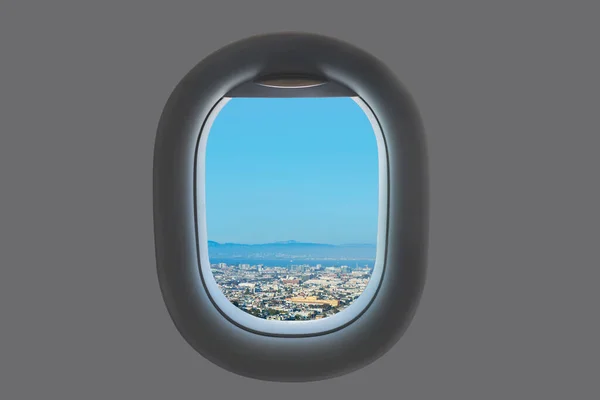 飛行機の窓からサンフランシスコ湾と超高層ビルの空中ビュー カリフォルニアだ宇佐 — ストック写真