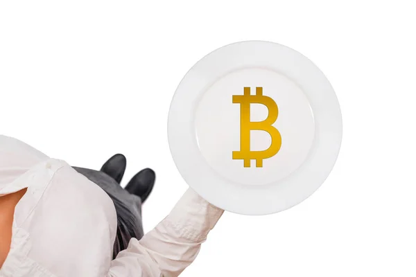 Ikona Wirtualnych Pieniądza Elektronicznego Bitcoin Podawane Pustym Talerzu Widok Góry — Zdjęcie stockowe
