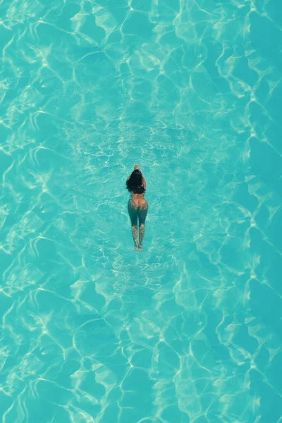 Aerial Top View Naked Woman Swimming Pool Blue Water — 스톡 사진