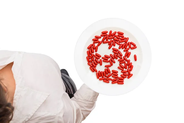 薬剤薬の丸薬やカプセルとプレートを運ぶ白いブラウスでウェイトレスのトップビュー 白地だ不健康な抗生物質食品の概念 — ストック写真