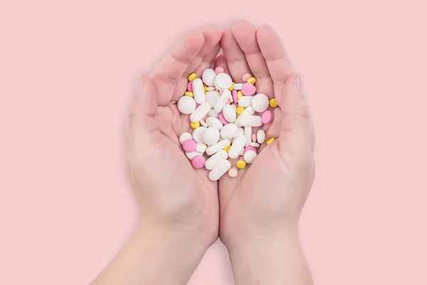 Female Hands Full Colorful Medicines Pills Vitamins Supplements Concept Healthy — Stock Photo, Image