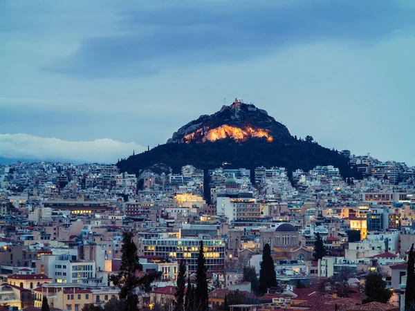 Widok Oświetlenie Ateny Miasta Lycabettus Wzgórza Tle Dzielnica Plaka Scena — Zdjęcie stockowe