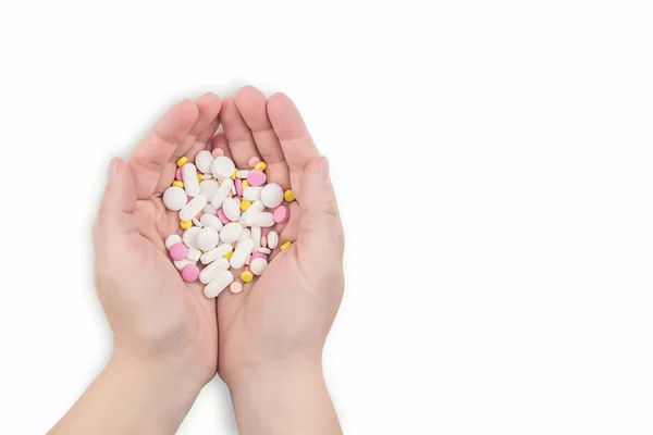 Mãos Femininas Cheias Medicamentos Coloridos Comprimidos Vitaminas Suplementos Conceito Estilo — Fotografia de Stock