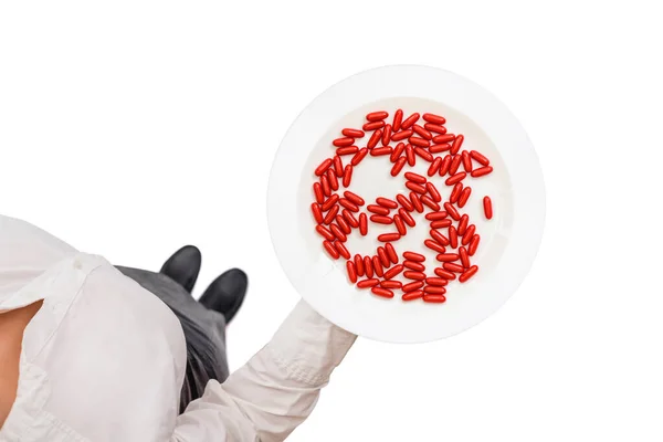 薬剤薬の丸薬やカプセルとプレートを運ぶ白いブラウスでウェイトレスのトップビュー 白地だ不健康な抗生物質食品の概念 — ストック写真