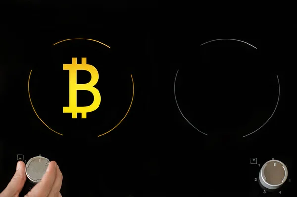 Signo Bitcoin Moneda Oro Electrónico Virtual Anillo Placa Eléctrica Concepto —  Fotos de Stock