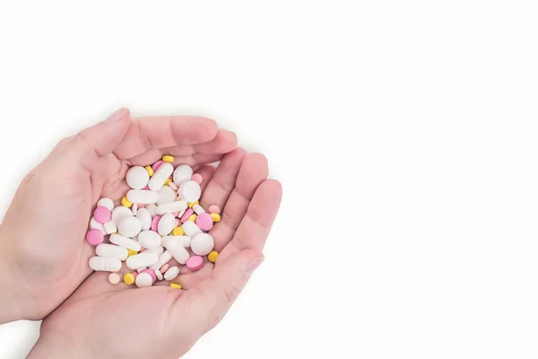 Renkli Ilaçlarla Haplarla Vitaminlerle Takviyelerle Dolu Kadın Elleri Sağlıklı Sağlıksız — Stok fotoğraf