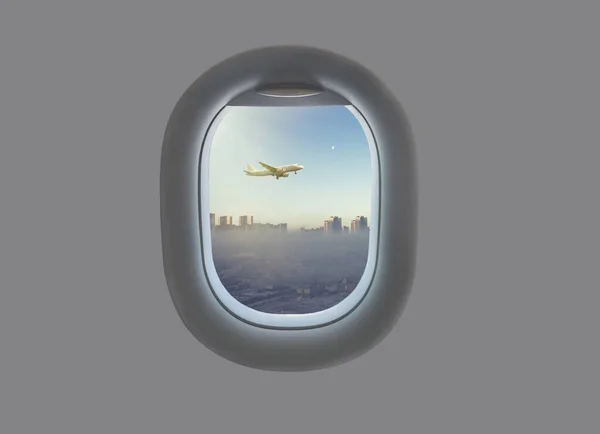 Takeoff Airplane Background City Skyscrapers Airplane Window City Astana Plane — Stock Photo, Image