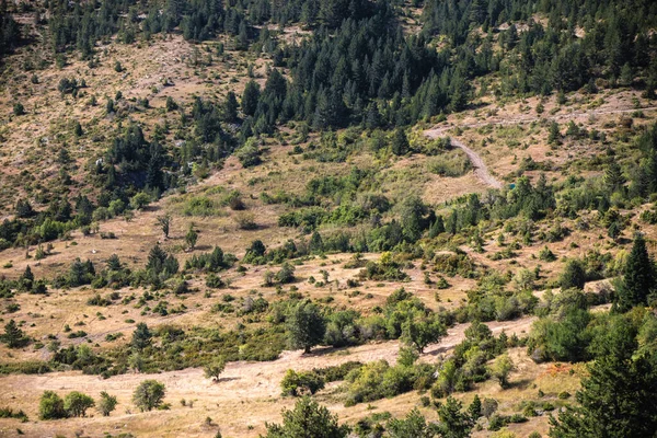 ギリシャ北部のピンドゥス山の小さな家や道路の眺め — ストック写真