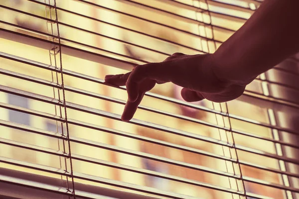 Main Femme Ouvre Les Stores Regarde Par Fenêtre — Photo