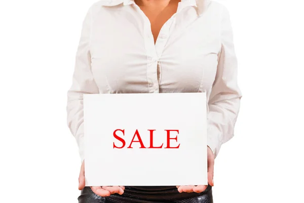 Business Woman Blouse Holding White Paper Word Sale Concept White — Stock Photo, Image