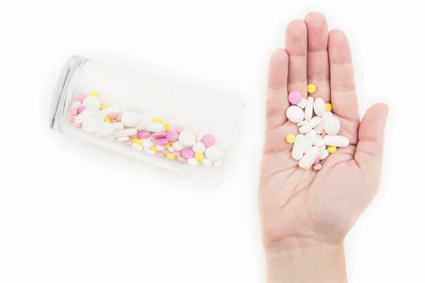 Mão Feminina Vidro Cheio Medicamentos Coloridos Pílulas Pílulas Para Dormir — Fotografia de Stock