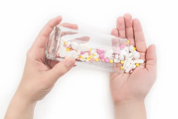 Mão Feminina Vidro Cheio Medicamentos Coloridos Comprimidos Vitaminas Suplementos Conceito — Fotografia de Stock