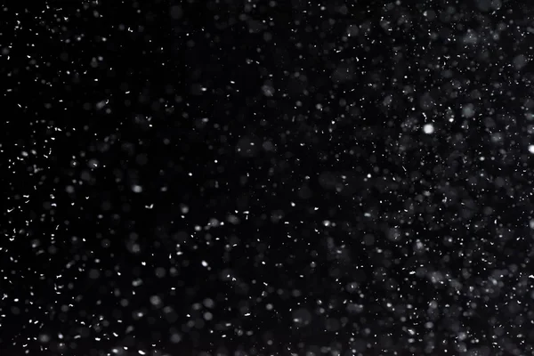 Spadający Śnieg Nocy Bokeh Światła Czarnym Tle Latające Płatki Śniegu — Zdjęcie stockowe