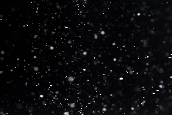 Falling Snow Night Bokeh Lights Black Background Flying Snowflakes Air — Stock Photo, Image