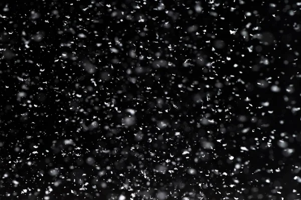 Caindo Neve Noite Luzes Bokeh Fundo Preto Flocos Neve Voadores — Fotografia de Stock