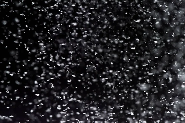 Falling  snow at night. Bokeh lights on black background, flying snowflakes in the air. Overlay texture. Snowstorm