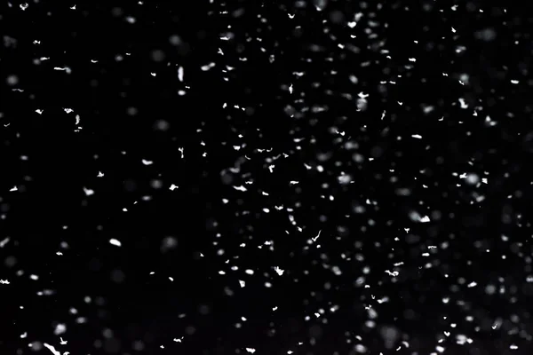 Caindo Neve Noite Luzes Bokeh Fundo Preto Flocos Neve Voadores — Fotografia de Stock