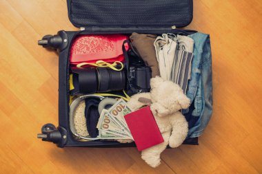 İçinde oyuncak ayı ve yabancı pasaportu olan bir bavul. Seyahat için 100 dolar. Kavram