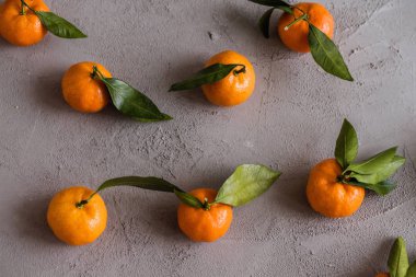 Gri beton arka planda Mandarinler. Durgun hayat. Düz yatıyordu 