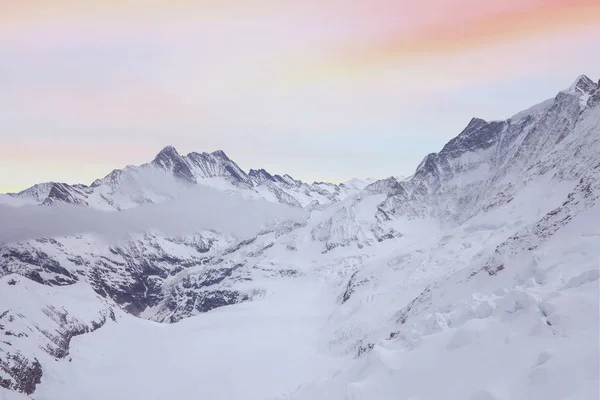 Snowy Summits Mount Jungfrau Bernese Alps Backdrop Sunset Sky Pastel — Stockfoto