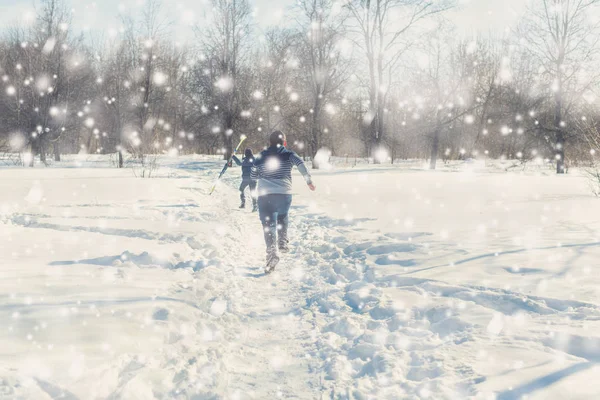 Вид Сзади Подростков Гуляющих Лыжами Парке Зимний Снегопад — стоковое фото