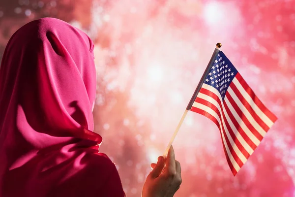 Muslim Woman Scarf Holding American Flag Fireworks Night — Stock Photo, Image
