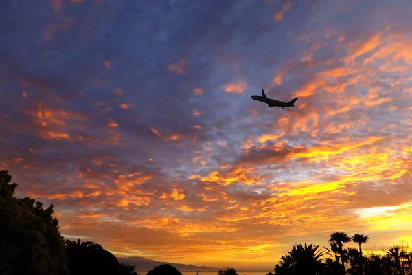 Silhouette Airplane Sunset Sky — Stock Photo, Image