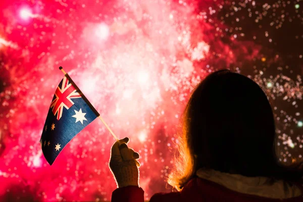 Fireworks Night Woman Winter Clothes Australian Flag New Year — Stock Photo, Image