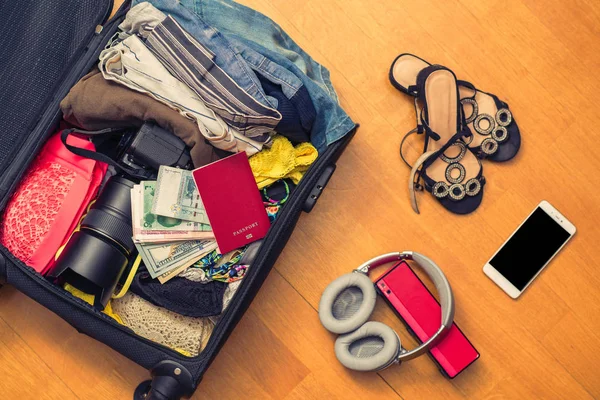 Suitcase Full Clothes Floor Travel Concept — Stock Photo, Image