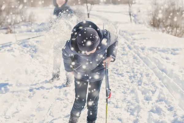 Boy Teenager Skis Park Winter Snow Drifts — 스톡 사진