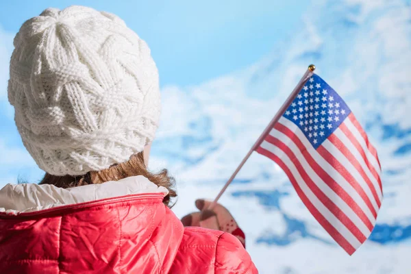 Back View Young Woman Winter Knitted White Cap Red Jacket — Stock Photo, Image