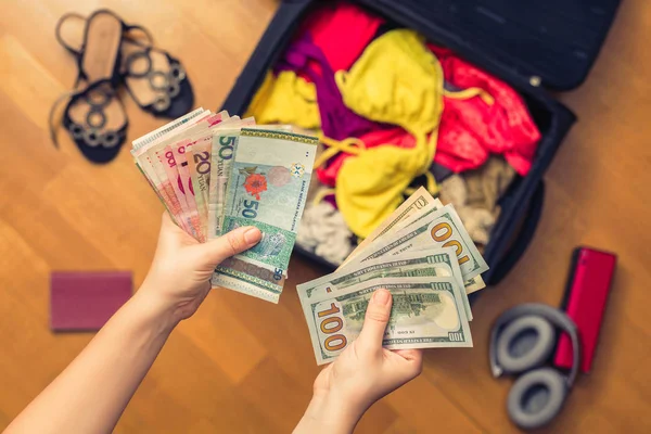 Female Hands Asian Money American Hundred Dollar Bills Suitcase Things — Stock Photo, Image