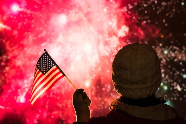 Fireworks Night Woman Winter Clothes American Flag — Stock Photo, Image