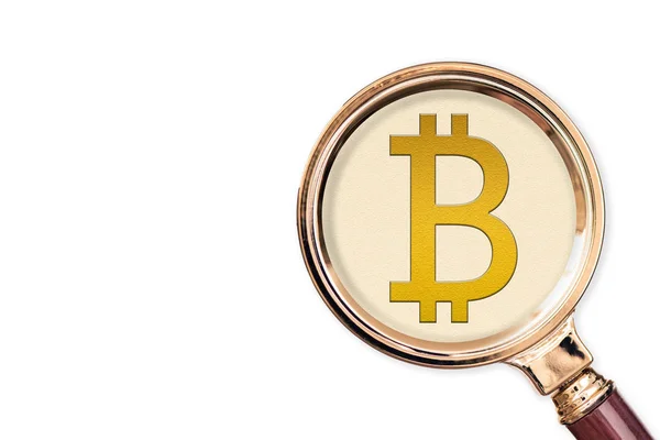 Szkło Powiększające Symbol Bitcoina — Zdjęcie stockowe