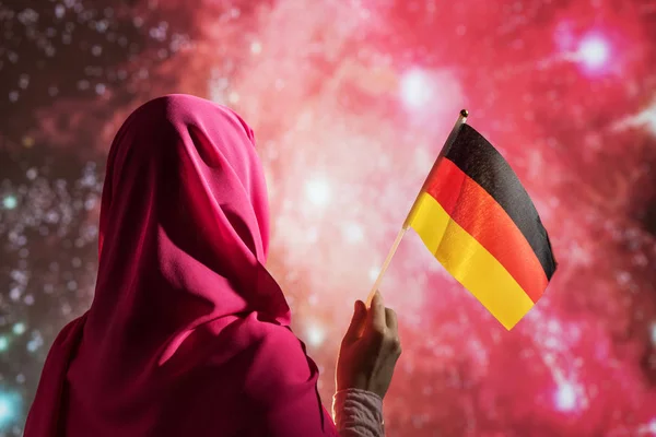 Muslim Woman Scarf Holding Flag German Fireworks Night — Stock Photo, Image