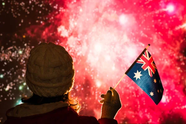 Fireworks Night Woman Winter Clothes Australian Flag New Year — Stock Photo, Image