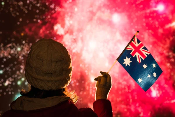 Fireworks Night Woman Winter Clothes Australian Flag New Year — Stock Photo, Image