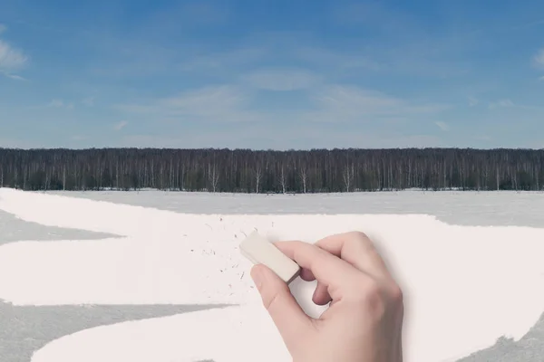 Female Hand Erased Eraser Winter Landscape — Stock Photo, Image