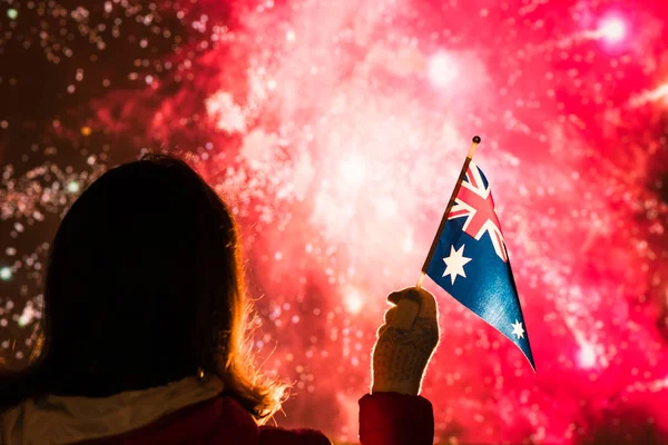 Fireworks Night Woman Winter Clothes Australian Flag New Year — Stock Photo, Image