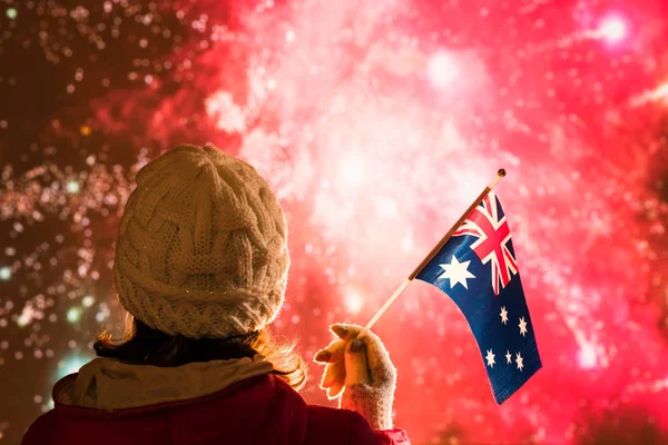 Fireworks Night Woman Winter Clothes Australian Flag New Year — Stock Photo, Image
