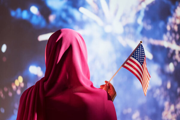Muslim Woman Scarf Holding American Flag Fireworks Night Stock Photo